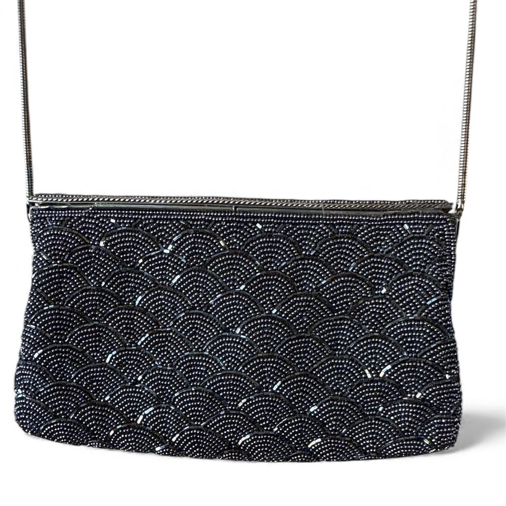 Vintage Jerome’s Black Gray Beaded Clutch Art Deco Evening Bag Formal 20" Chain
